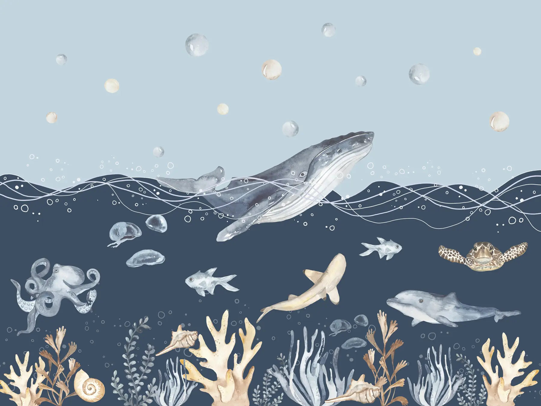 Фототапет Подводен морски живот, кит, делфин, корали, морски животни, океанска тема, пастелни цветове u98902
