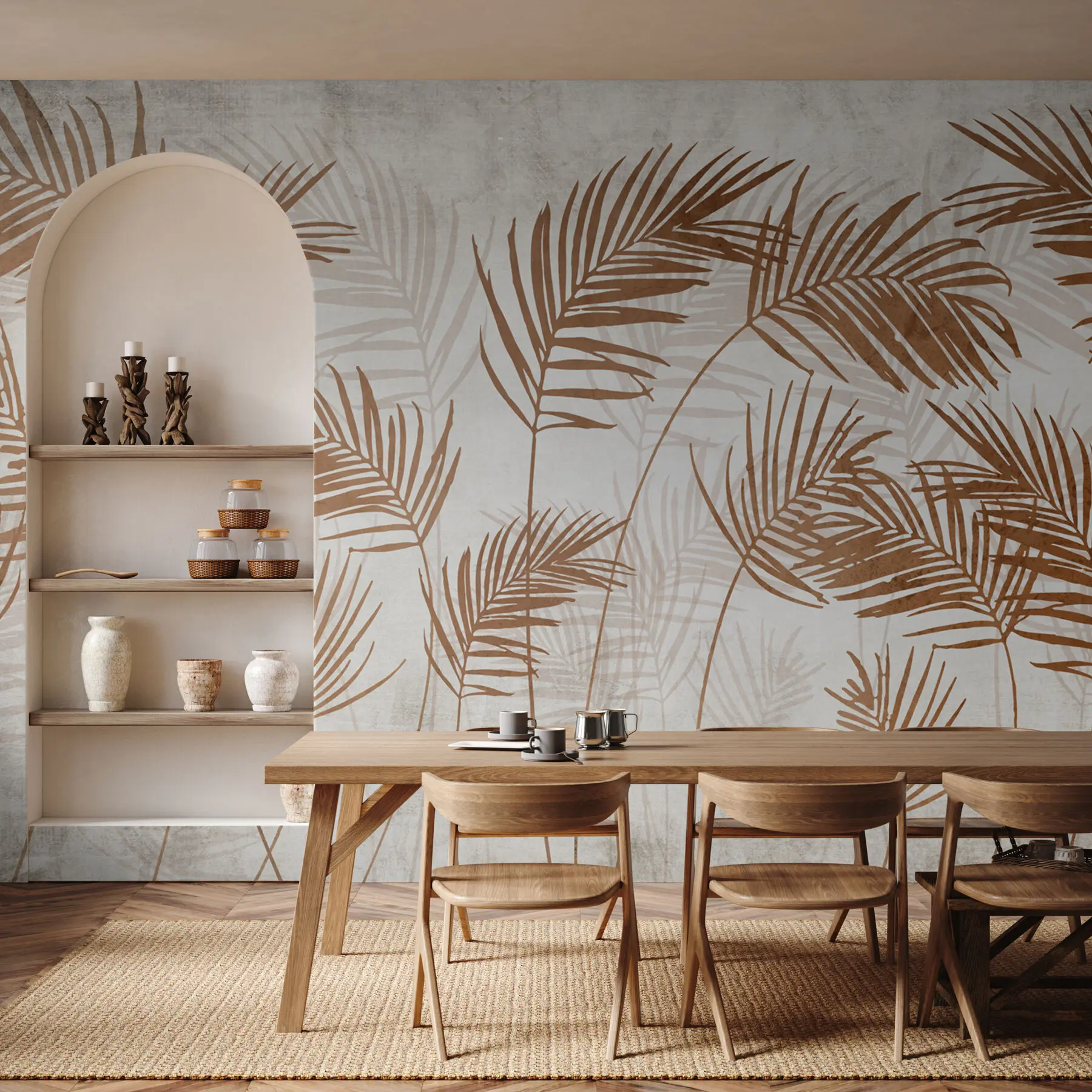 Фототапет Дизайн на тапети с тропически дървета и листа в мъгливата гора u98974