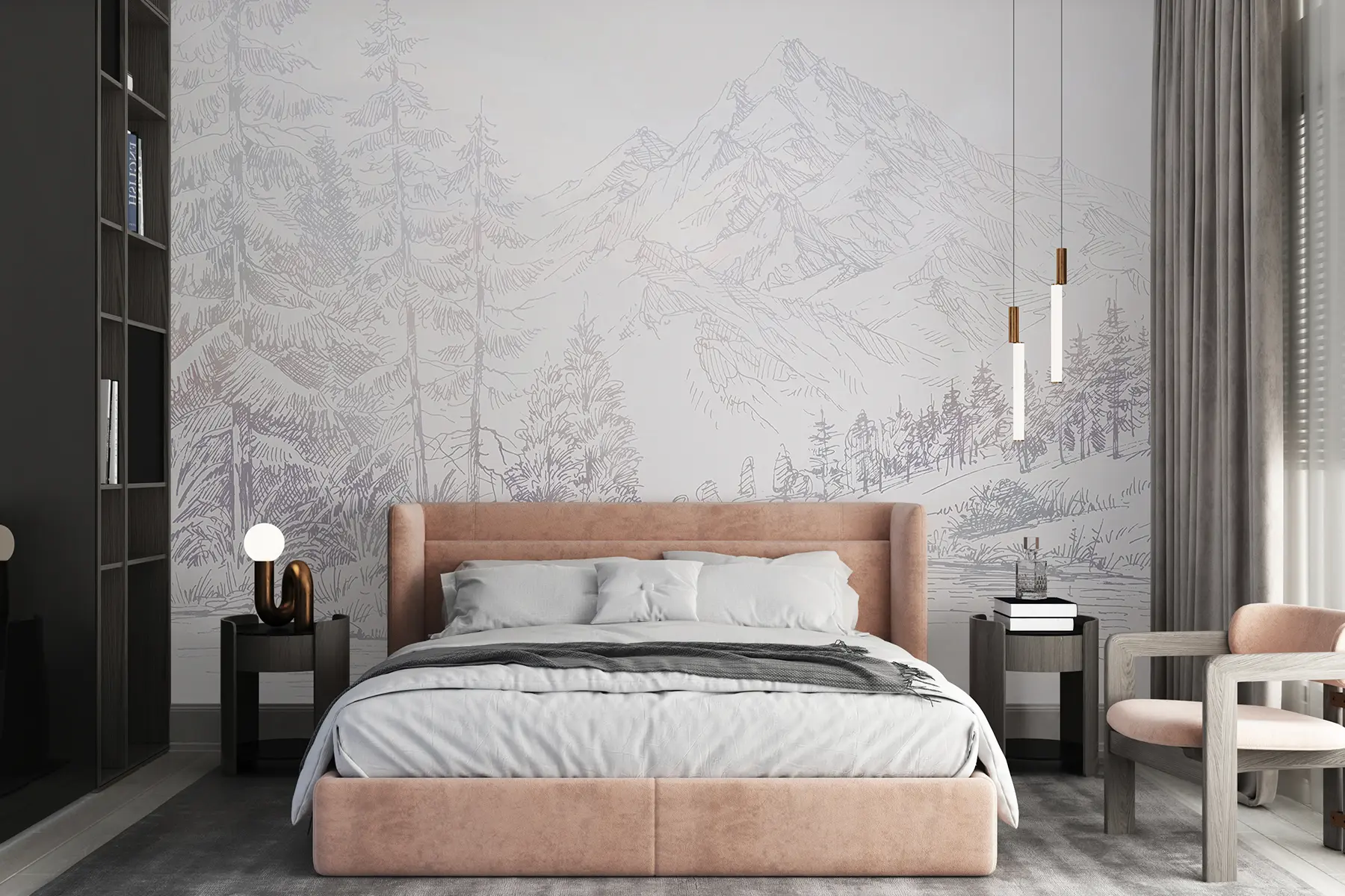 Фототапет Алпийски планински пейзаж, минимализъм, лилави цветове u99569v1